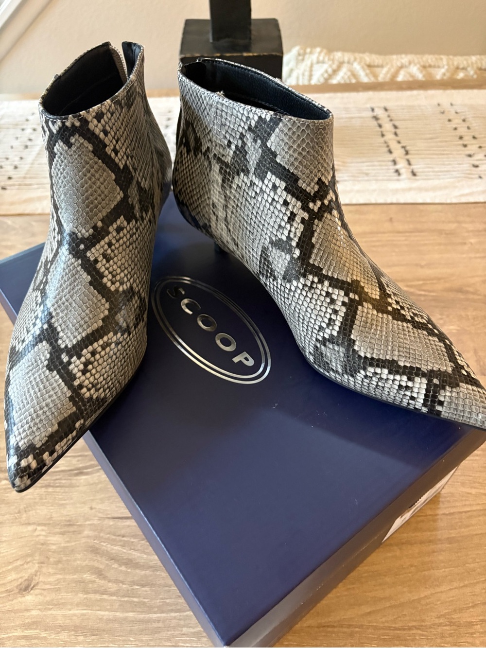 New in Box Scoop NYC Snake-Print Pointed Toe Ankle Booties in Gray and Black